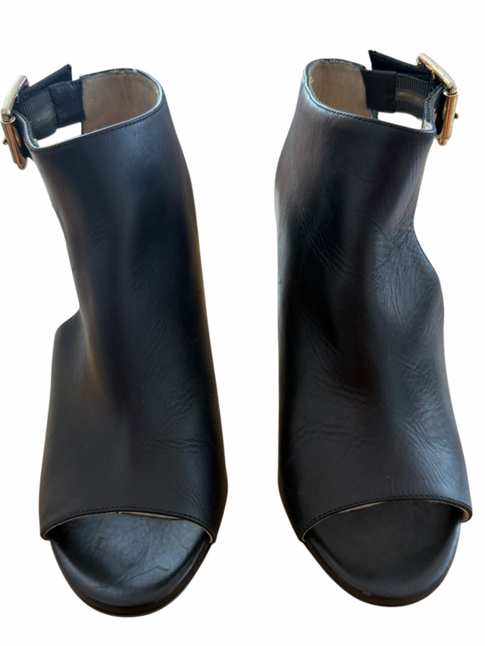 Jimmy Choo Black Leather Gold Accent Open Toe Ankle Booties Heels Size 35 / US 5 - Picture 4 of 11